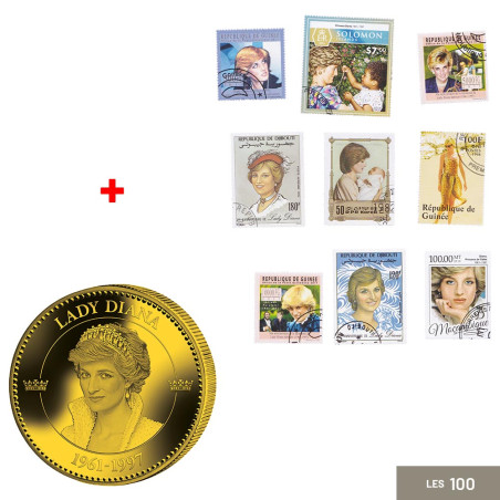 Lot de 100 timbres + 1 pièce de collection Lady Di