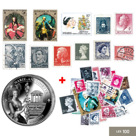Lot de 100 timbres + 1 pièce de collection