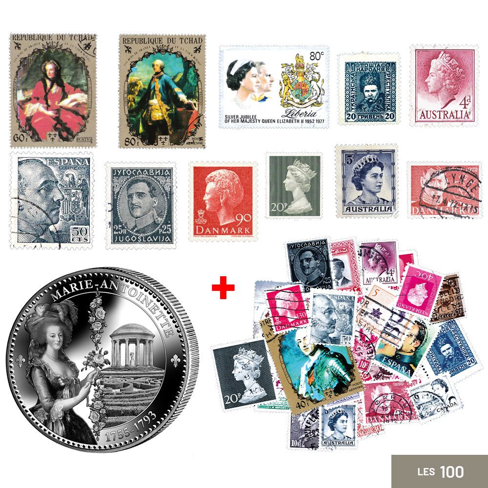 Lot de 100 timbres + 1 pièce de collection