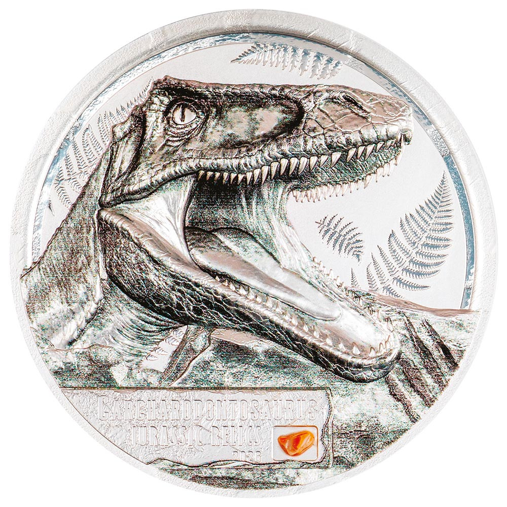 5 Dollars Argent 2026 colorisée - Reliques du Jurassique - Carcharodontosaurus