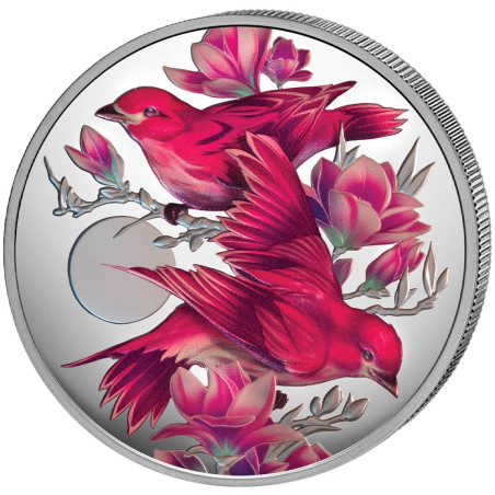 1 Dollar Argent BE 2026 colorisée - Roselin pourpré et magnolias