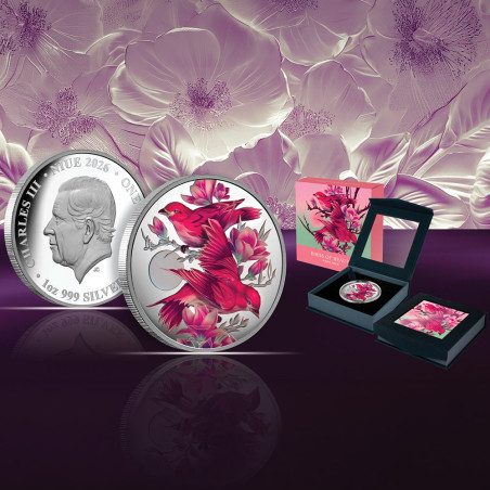 1 Dollar Argent BE 2026 colorisée - Roselin pourpré et magnolias (4)