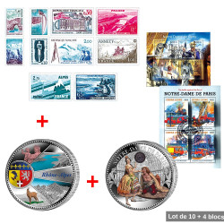 Lot 10 timbres + 1 pièce de collection Rhône-Alpes