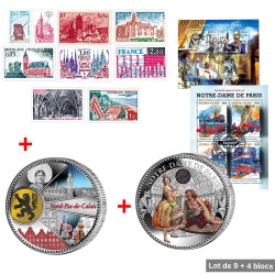 Lot 9 timbres + 1 pièce de collection Nord-Pas-de-Calais