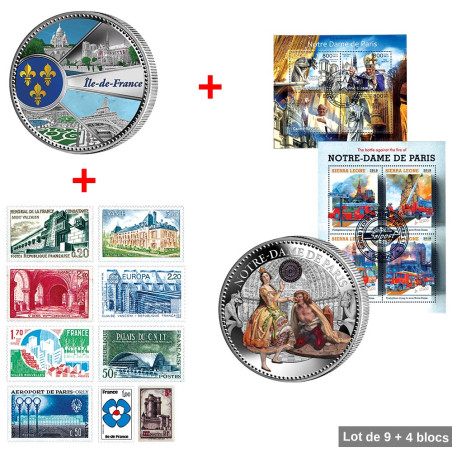 Lot de 9 timbres + 1 pièce de collection Île-de-France