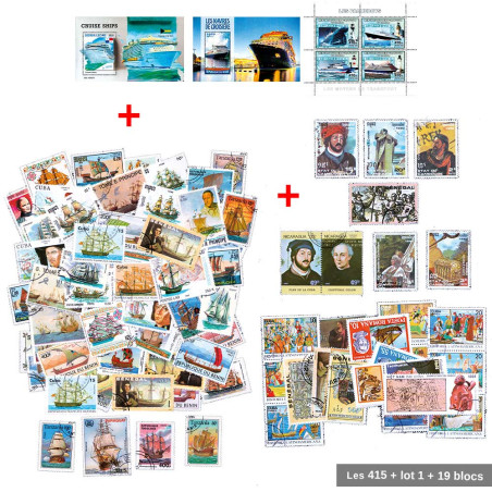 Lot 1 pièce de collection + 2 Euro + 19 blocs + 415 timbres