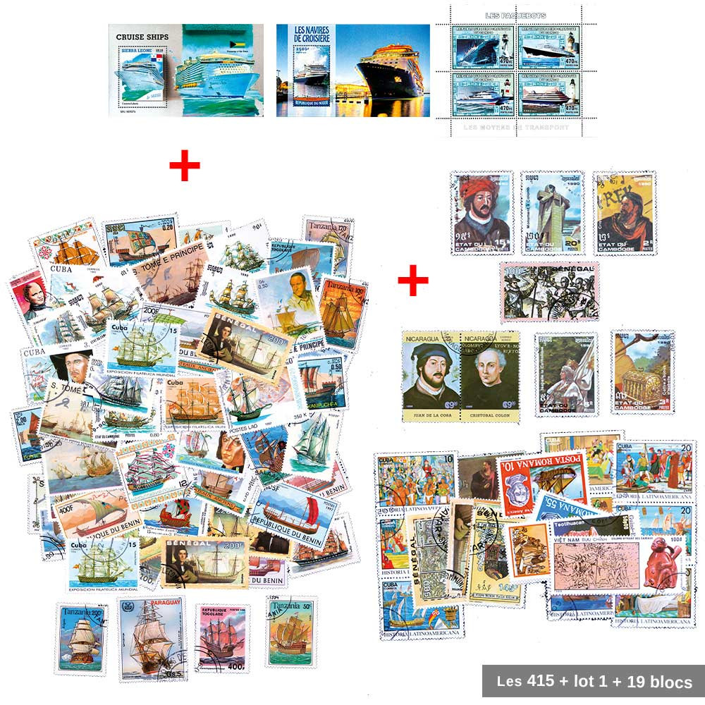 Lot 1 pièce de collection + 2 Euro + 19 blocs + 415 timbres